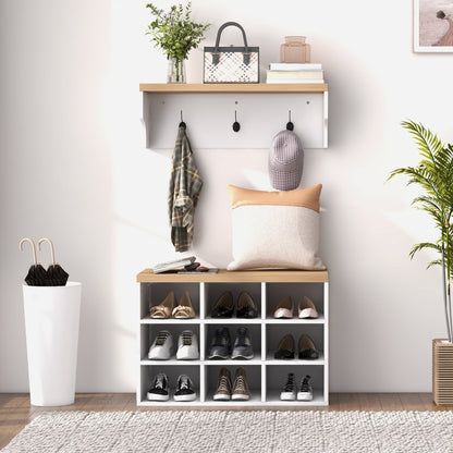 2-in-1 Hall Tree, 5-Hook Coat Rack Shoe Bench Set w/ Bench and Shoe Storage for Entryway, Hallway, White