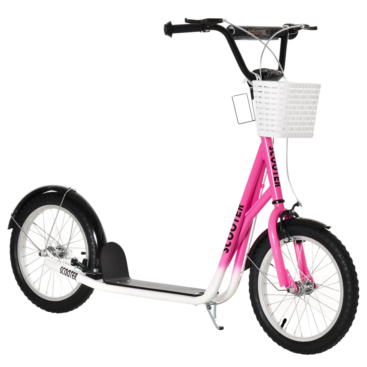 Kick Scooter with Adjustable Handlebar, Kids Scooter with 2 Brakes Basket Cupholder 16" Inflatable Rubber Tyres Orange