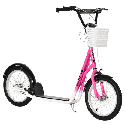 Kick Scooter with Adjustable Handlebar, Kids Scooter with 2 Brakes Basket Cupholder 16" Inflatable Rubber Tyres Orange