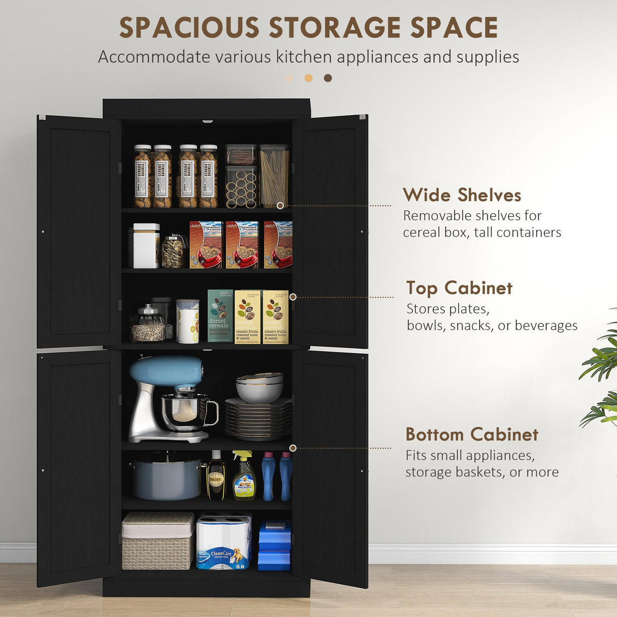 72.5" Freestanding Kitchen Pantry Cabinet with 4 Doors, Black