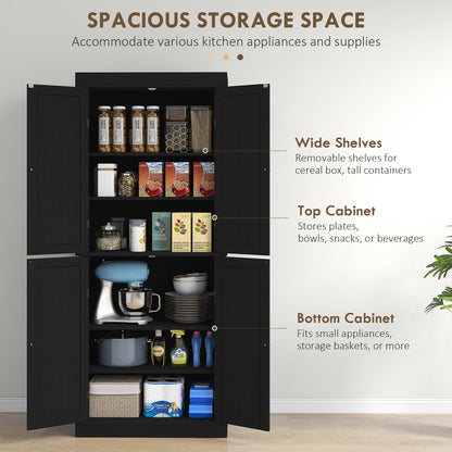 72.5" Freestanding Kitchen Pantry Cabinet with 4 Doors, Black