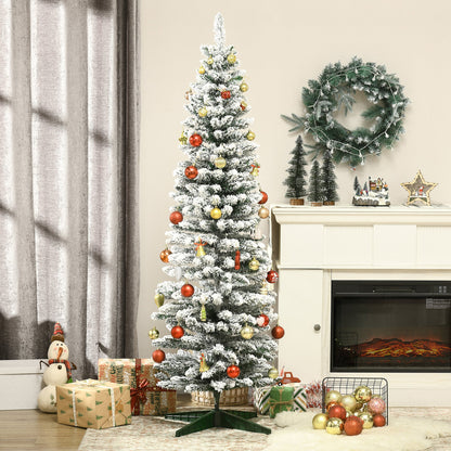 5ft Tall Pencil Artificial Christmas Tree, Holiday Décor with Snow Flocked Branches, Green