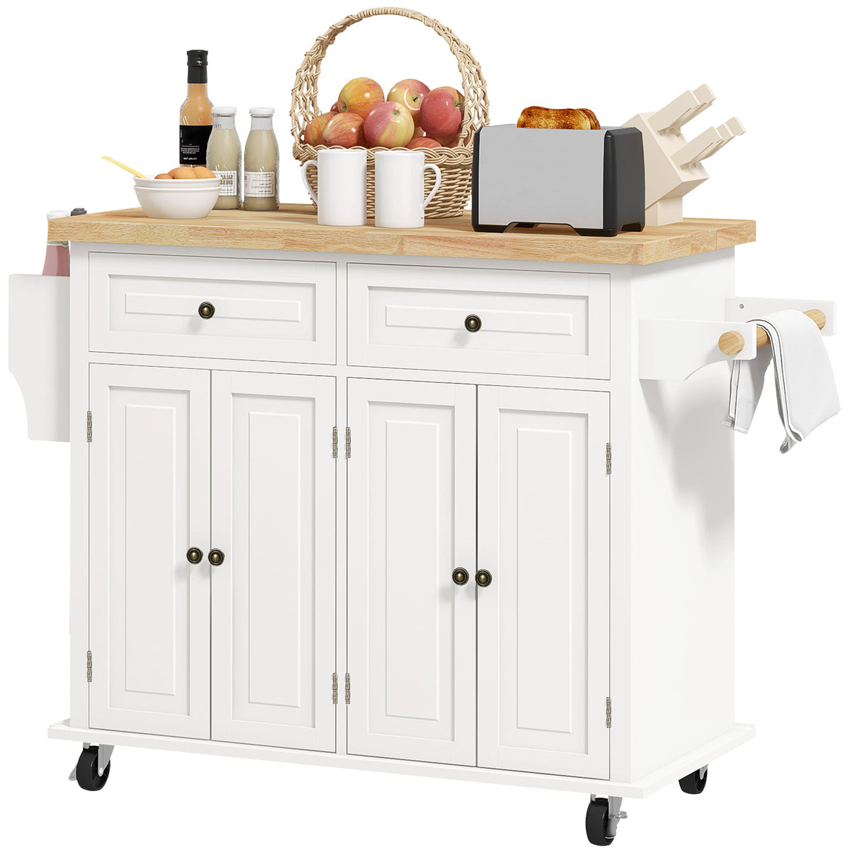Kitchen Island with Storage, Rolling Trolley Cart with Rubber Wood Top, Spice Rack, Towel Rack, Brown Oak