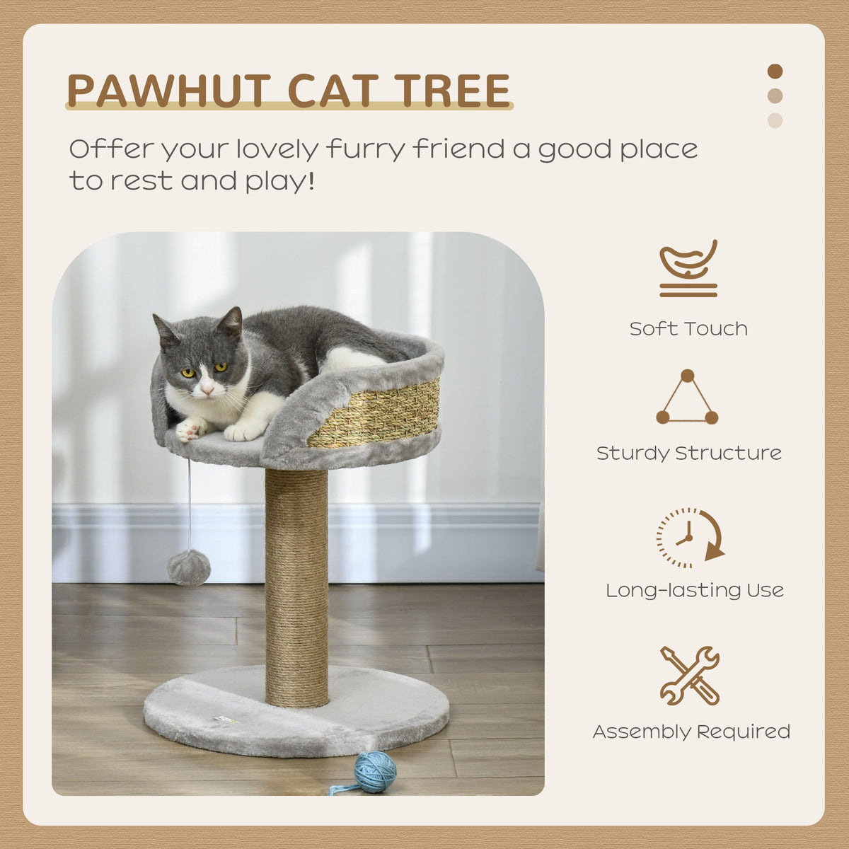 Cat Tree with Scratching Post, Toy Ball, Perch, Small Cat Tower for Indoor Cats - 16" x 16" x 19", Beige