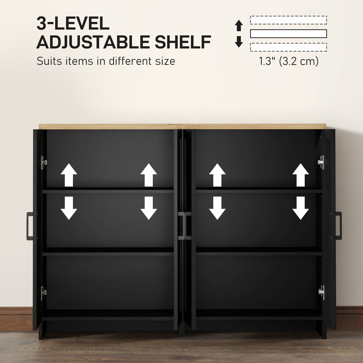 Modern Sideboard Buffet Cabinet, Modern Kitchen Storage Cabinet with 3 Doors Adjustable Shelves, for Dining Room, Black