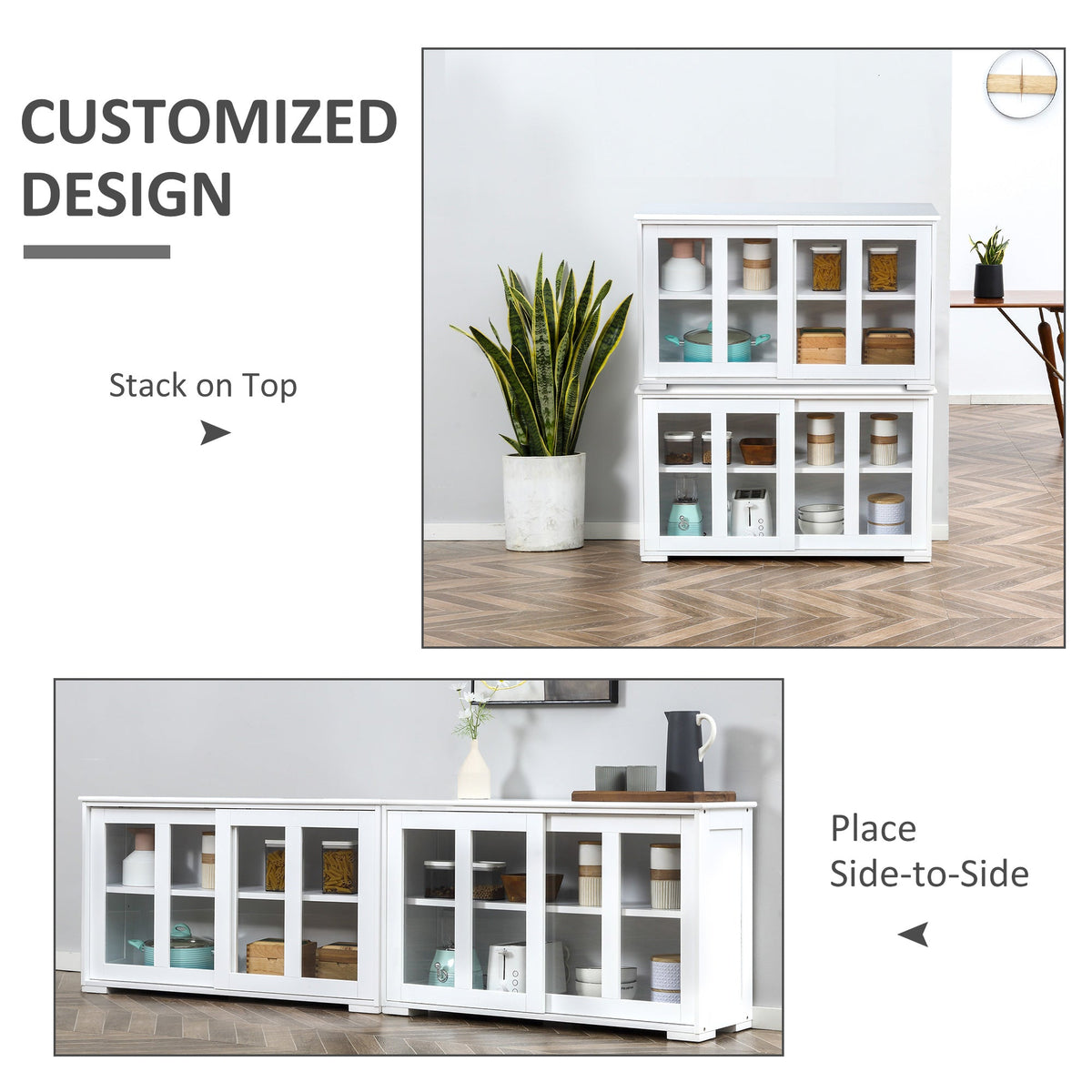 Modern Kitchen Sideboard, Stackable Storage Cabinet, Sliding Glass Door Console, Cupboard Serving Buffet for Kitchen & Dining Room, Black