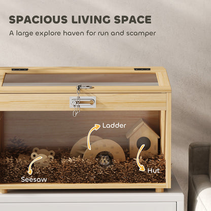 22"L Hamster Cage with Openable Top & Acrylic Windows, Small Animal Cage with Hut, Seesaw, Ladder, Natural Wood