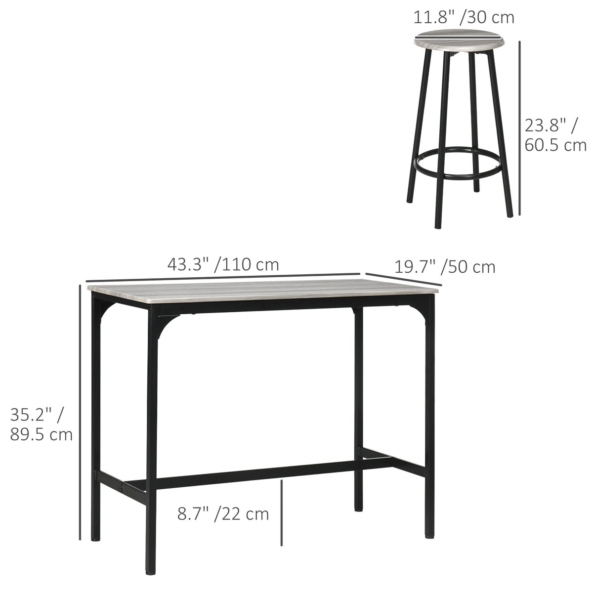 5-Piece Bar Table Set for 4, Industrial Counter Height Bar Table and Chairs for Kitchen, Dining Room, Grey