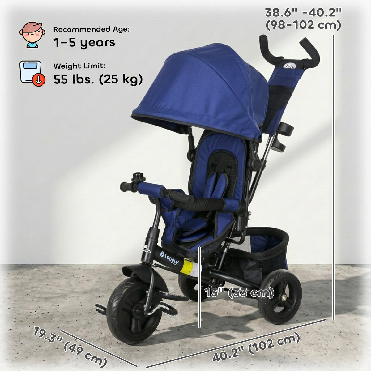 6 in 1 Tricycle for Toddler 1-5 Years with Parent-Push Handle, Dark Blue