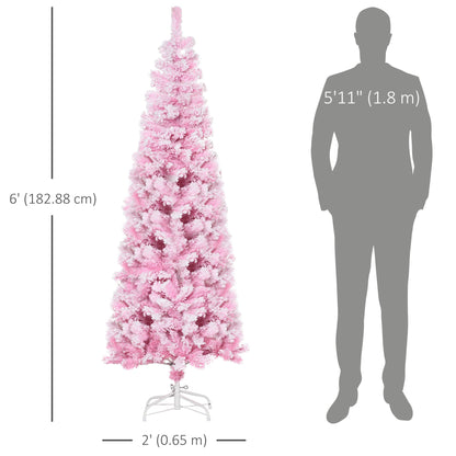 5 FT Snow Flocked Artificial Christmas Tree, Pencil Xmas Tree with Realistic Branches, Auto Open and Steel Base, Pink