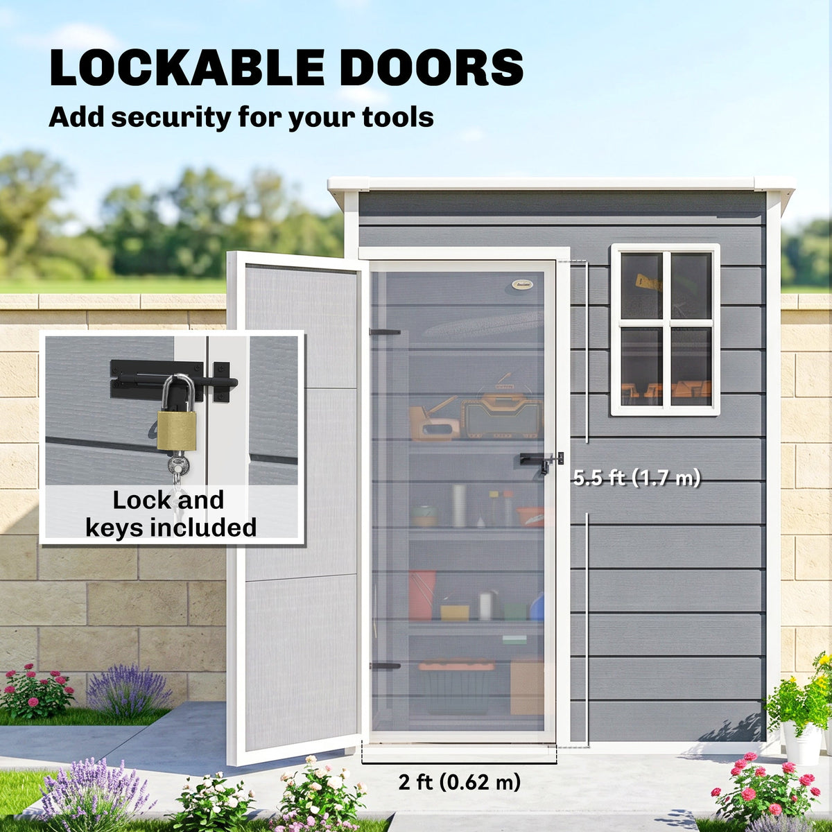 5 x 3FT Garden Shed with Floor, Outdoor Storage Shed with Lockable Door, Window and Vent for Backyard, Patio, Dark Grey