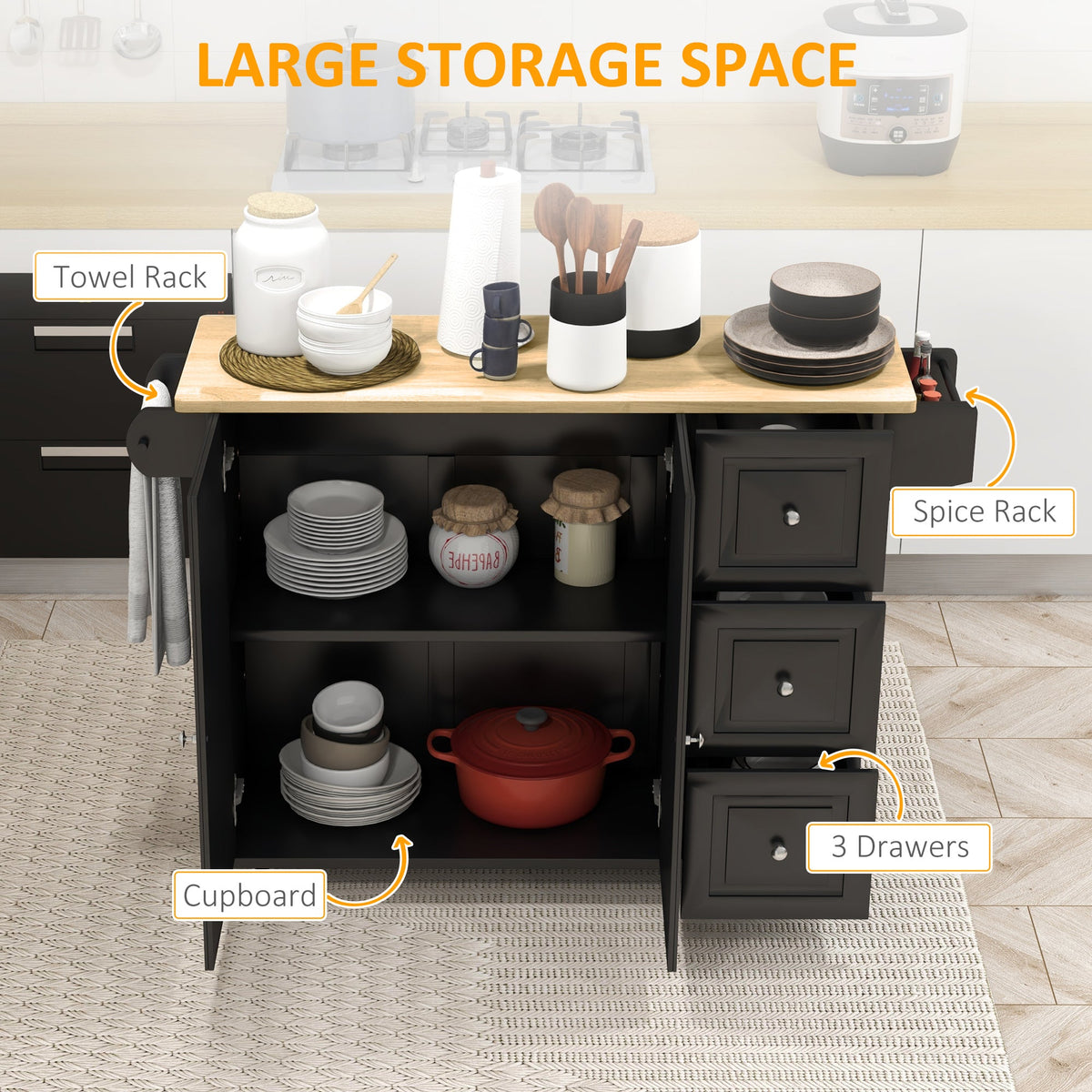 Kitchen Island on Wheels, Kitchen Cart with Drop Leaf, Drawers, Grey