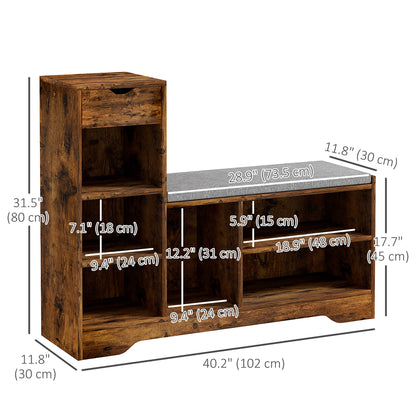 Upholstered Shoe Storage Bench w/ Seat, Entrance Bench w/ Drawer and 6 Open Shelves for Hallway, Grey