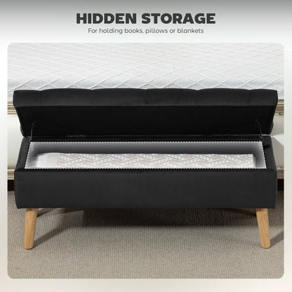 Storage Ottoman with Lid, Velvet Upholstered Storage Bench with Wood Legs for Living Room, Black
