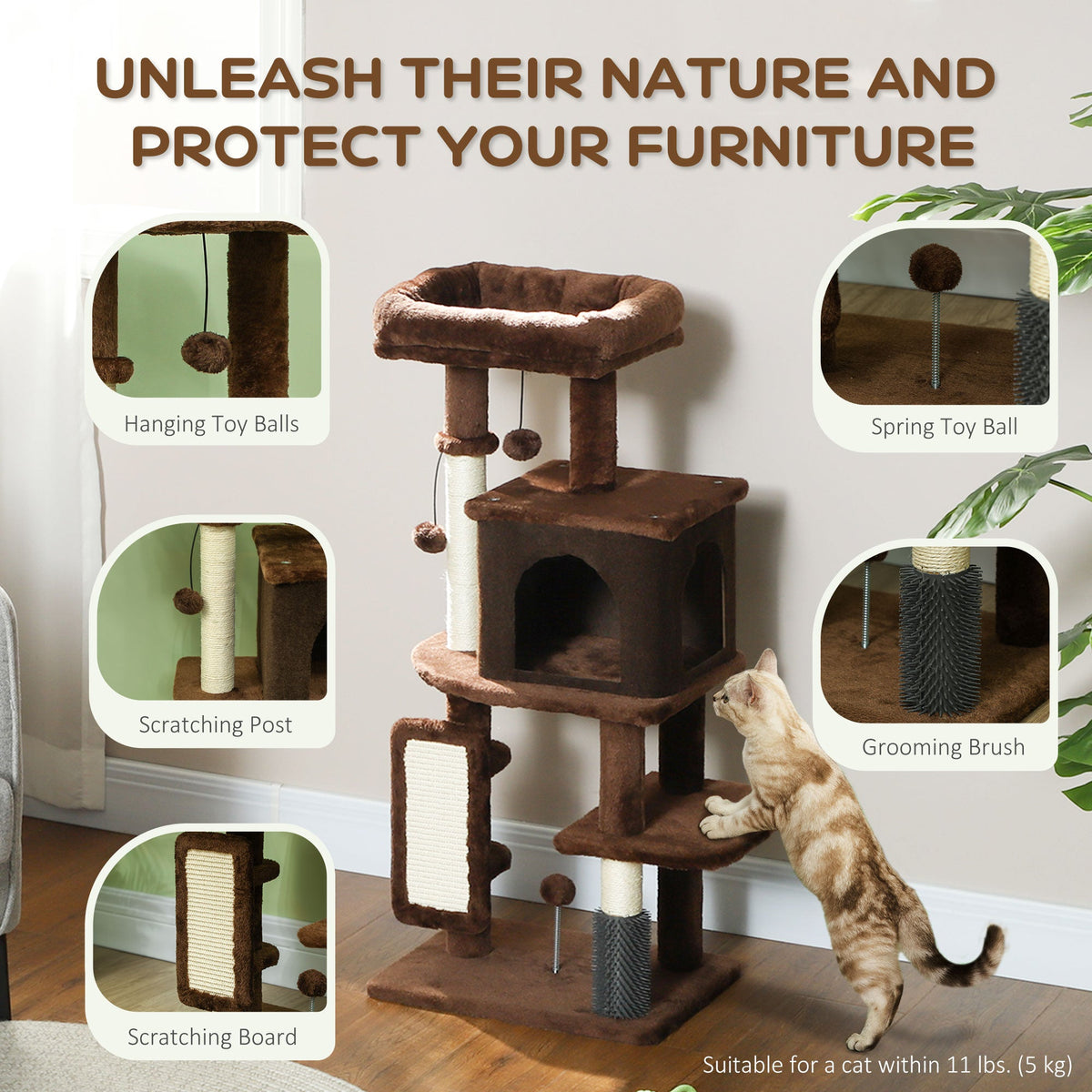 41 Inch Cat Tree with Scratching Posts, Cat Bed, Condo, Grooming Brush, Jumping Platforms, Toy Balls, Anti-tip Kit
