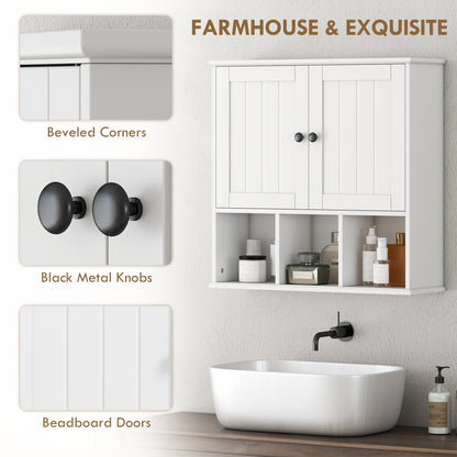 Farmhouse Bathroom Wall Cabinet, Wall Mounted Medicine Cabinet with Adjustable Shelf, Open Compartments, White