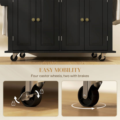 Kitchen Island with Storage, Rolling Trolley Cart with Rubber Wood Top, Spice Rack, Towel Rack, Brown Oak