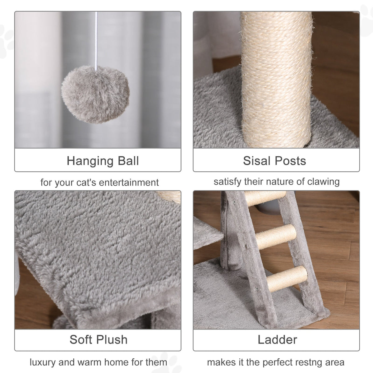 47" Tall Cat Tree Tower with Condo, Ladder, Scratching Posts and Hanging Ball, Light Grey