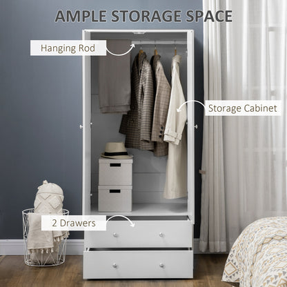 Briar Modern Wardrobe Closet with 2 Drawers and Hanging Rod-White
