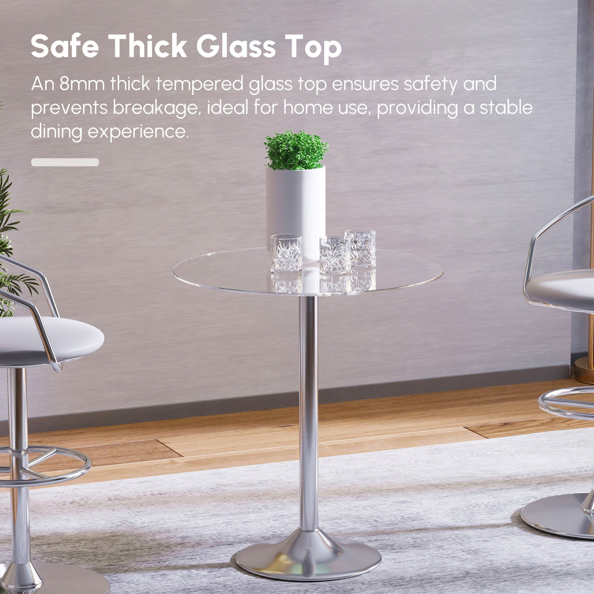 Round Dining Table, Modern Pub Table with Tempered Glass Top, Galvanized Metal Base, Small Dining Table, Silver