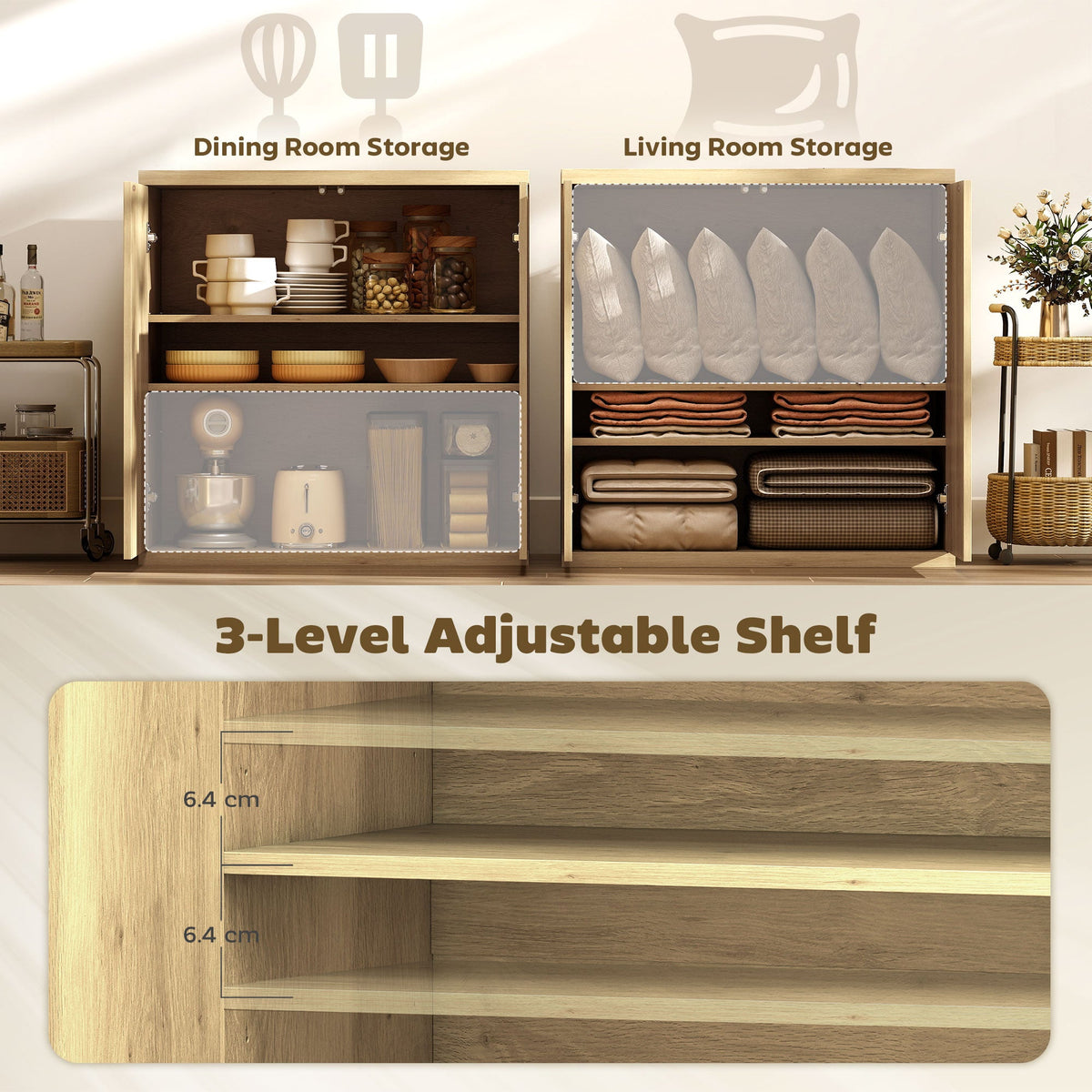 Sideboard Buffet Cabinet, 30.7" Modern Kitchen Storage Cabinet with Soft-Close Door and Adjustable Shelves, Oak