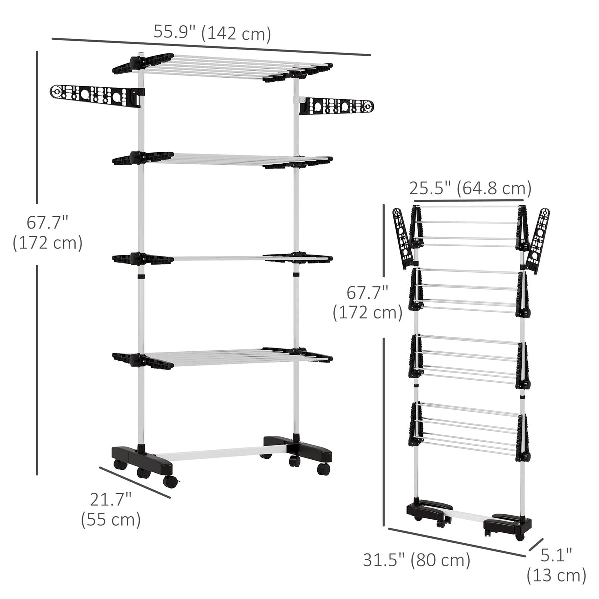 Garment Drying Rack Stainless Steel Folding Clothes Hanging Rack with Side Wings Castors for Indoor Outdoor Black