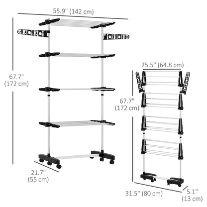 Garment Drying Rack Stainless Steel Folding Clothes Hanging Rack with Side Wings Castors for Indoor Outdoor Black