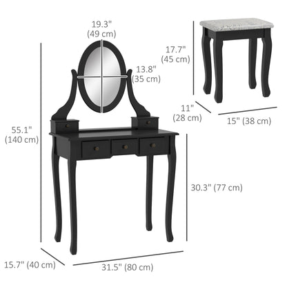 Emma Vanity Desk with Padded Stool and 360° Rotating Oval Mirror-Black