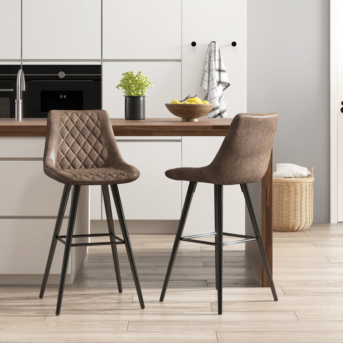 PU Leather Counter Height Bar Chairs Set of 2, 27.75" Bar Stools with Metal Legs for Dining Area, Kitchen Island, Black
