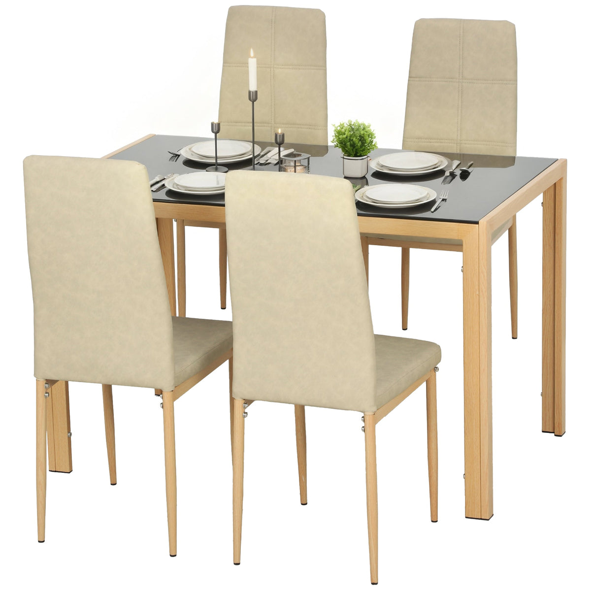 5-Piece Rectangular Glass Kitchen Table and Chairs with Metal Frame and Faux Leather Upholstery for Dining Room, Black