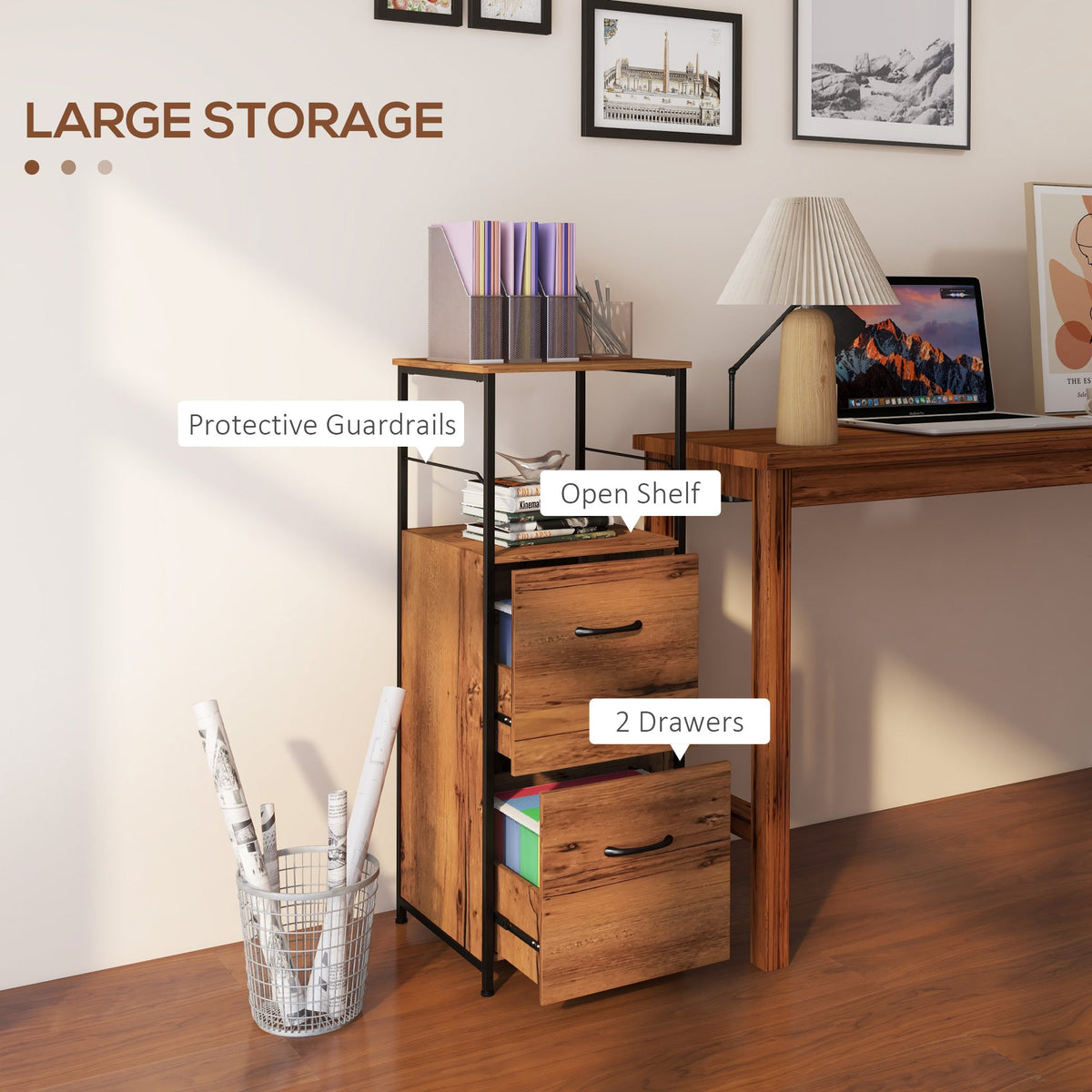 Vertical Filing Cabinet, Tall File Cabinet with 2 Drawers, Hanging Bars for Letter and A4 Size, Rustic Brown