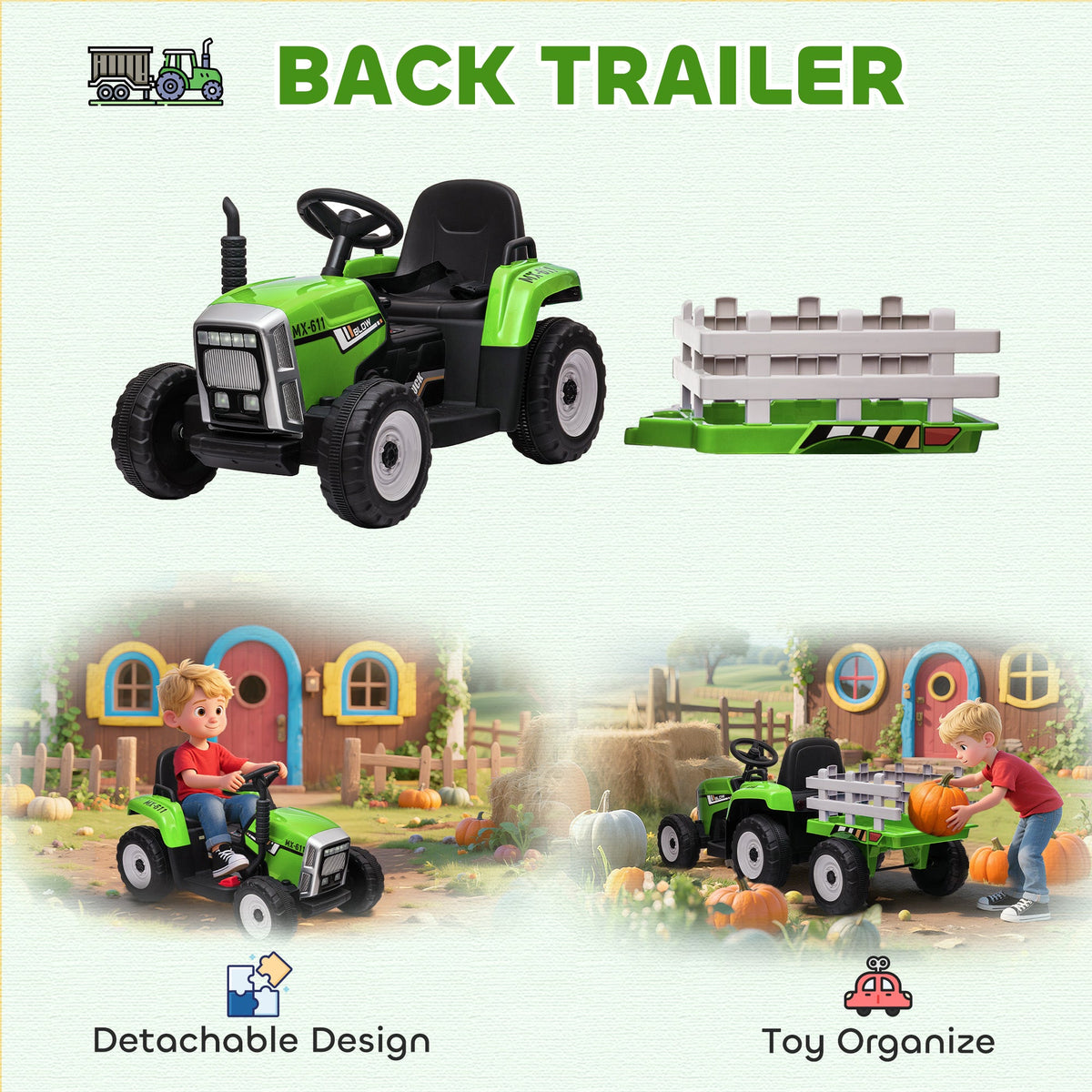 12V Kids Ride on Tractor with Trailer, Battery Powered Electric Kids Car with Remote Control, Music Start up Sound and Horn, USB, LED Lights, Green