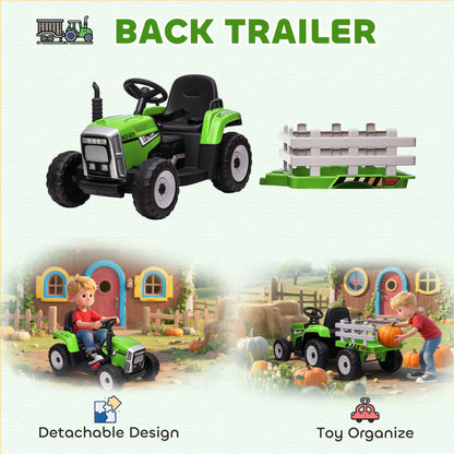 12V Kids Ride on Tractor with Trailer, Battery Powered Electric Kids Car with Remote Control, Music Start up Sound and Horn, USB, LED Lights, Green