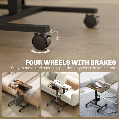 Height Adjustable Standing Desk, Pneumatic Sit Stand Desk with Wheels and Headphone Hook, Grey Wood Grain