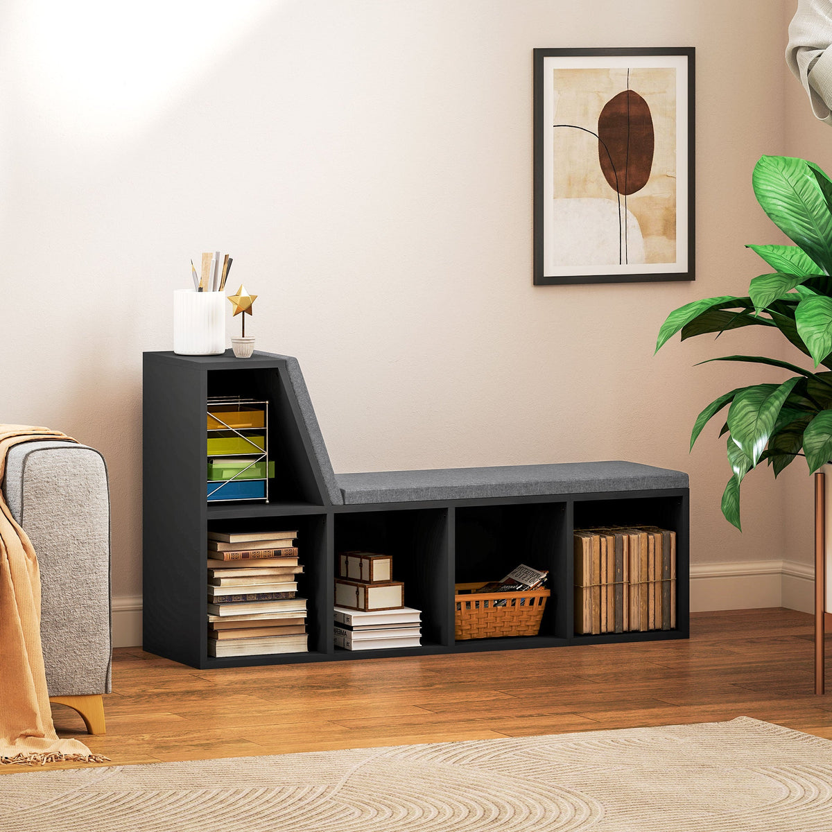 Multi-Purpose Bookshelf with 5 Cubes, 5-Cubby Bookcase with Cushioned Reading Nook and Storage Shelves, Blue