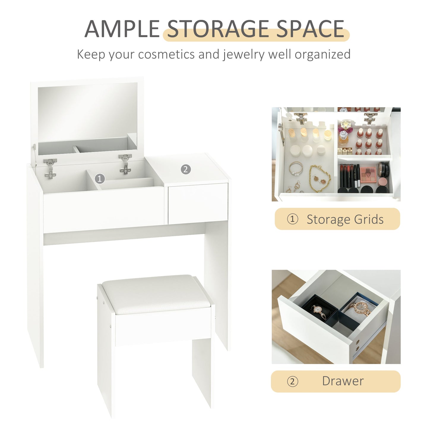 Mia Modern Vanity Set with Flip Top Mirror-White