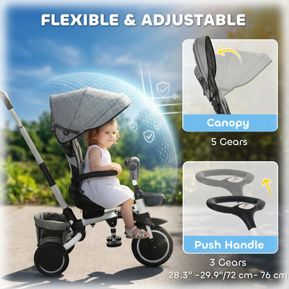 Tricycle for Toddler 6-in-1 Kids Trike, Foldable Converts Stroller to Baby Push Bike, Adjustable Backrest with Detachable Guardrail & Handle, Brake for 1-4 Years Old, Grey