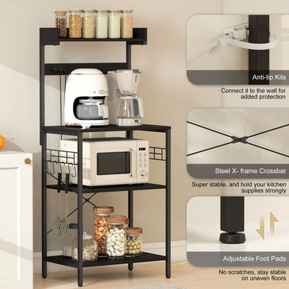 Kitchen Baker's Rack with Power Outlet, Coffee Bar Station with Adjustable Shelves and Hooks, Distressed Grey