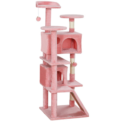 54" Cat Tree, Multi-Level Cat Tower with Scratching Posts, Cat Condos, Bed, Platforms, Ramp, Toy Ball, Beige