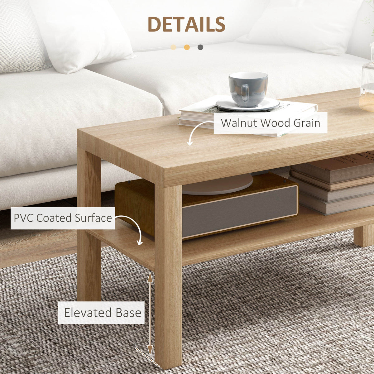 2 Tier Coffee Table with Storage Shelf, Rectangular Center Table for Living Room, Home Office Furniture Walnut