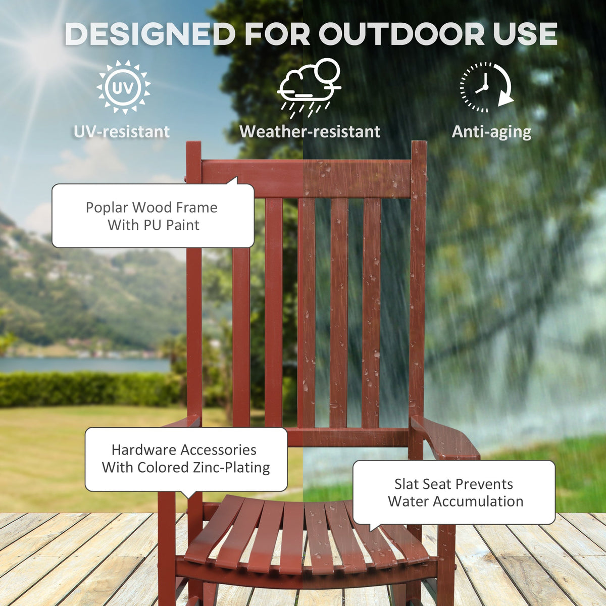 Wooden Porch Rocking Chair Outdoor Patio Rocker Garden Single Leisure Reclining Seat Armchair Natural