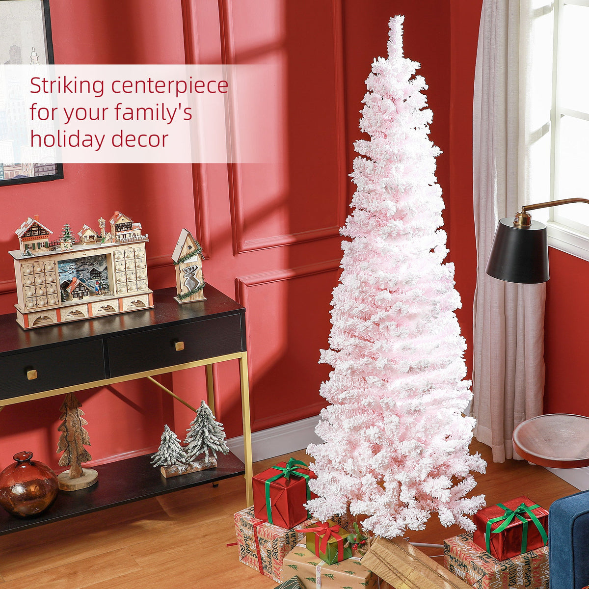 6ft Flocked Christmas Tree, Pencil Christmas Tree with Realistic Branch Tips, Folding Metal Stand, Green