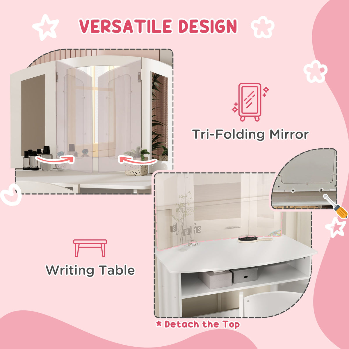 2 in 1 Kids Vanity Set Makeup Dressing Table Pretend Play Set with Tri-Folding Mirror, Stool, Storage Shelf