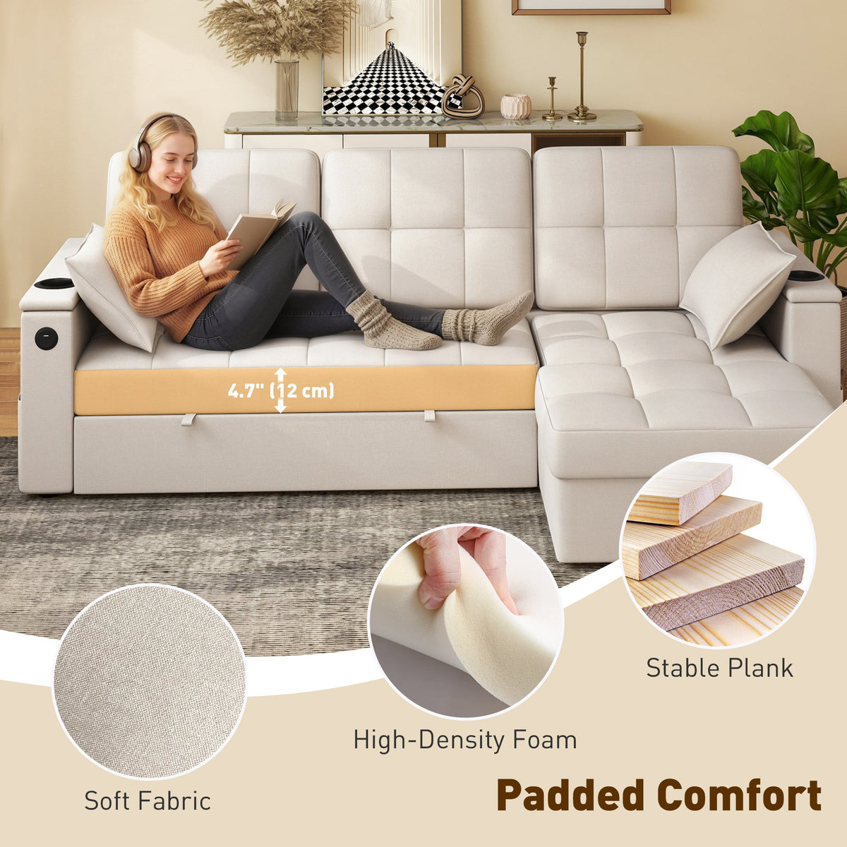 Convertible Sectional Sofa Bed, Pull Out Sleeper Sofa Couch with USB‑A+C, Chaise Storage, L-Shaped Futon Couch, Beige