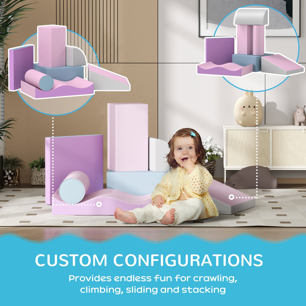 7 Pieces Soft Play Foam Climbing Blocks, Indoor Modular Kids Play Toys for Climbing, Crawling, Sliding, Light Colour