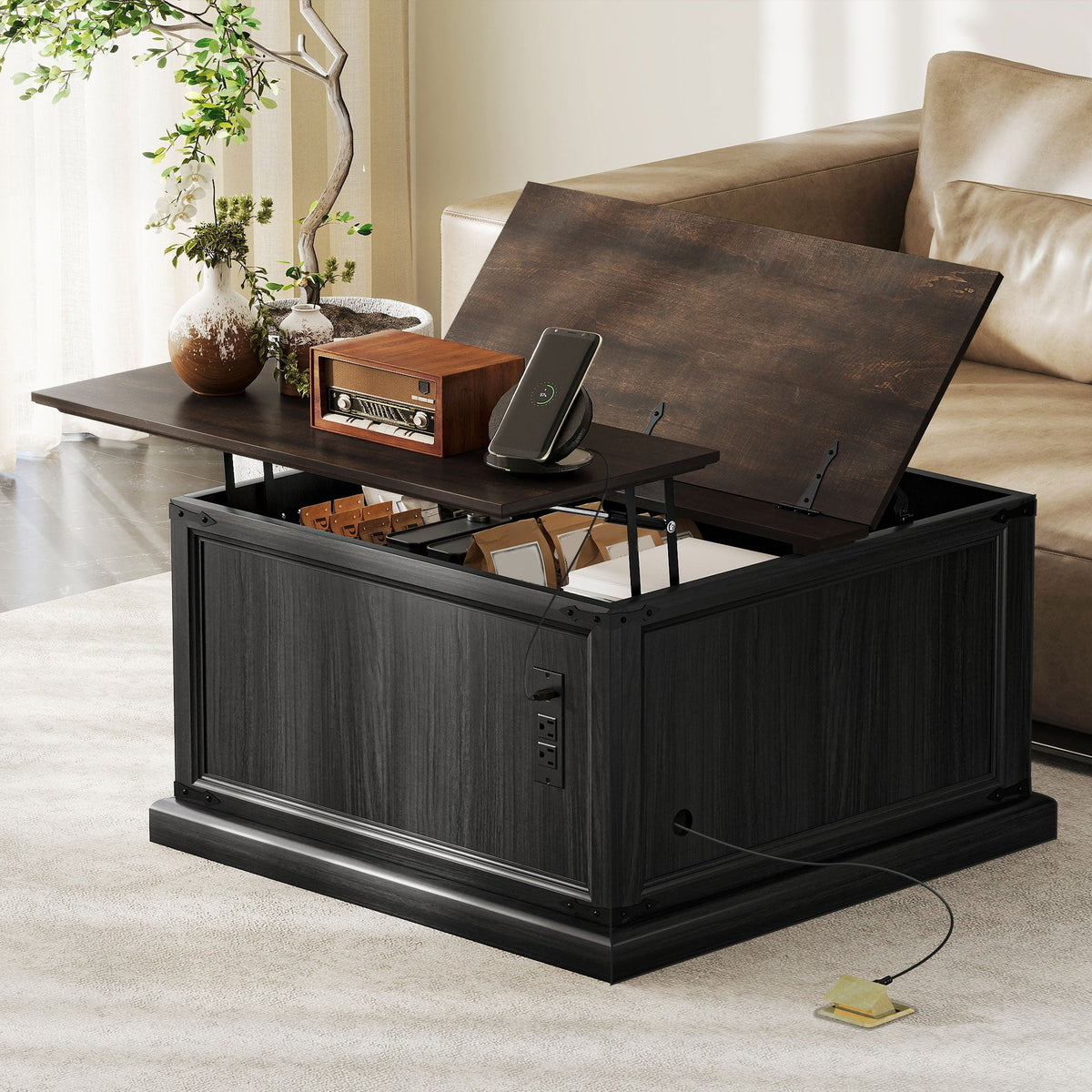Lift Top Coffee Table with Charging Station, Square Farmhouse Center Table with Hidden Storage, Black Wood Grain