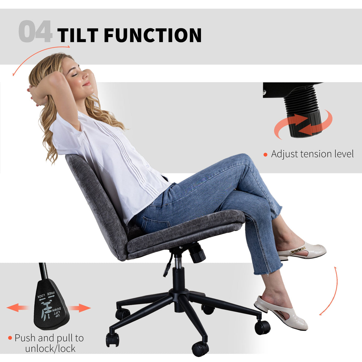 Criss Cross Chair with Wheels, Wide Office Chair with No Arms, Adjustable Height, Tilting, Beige