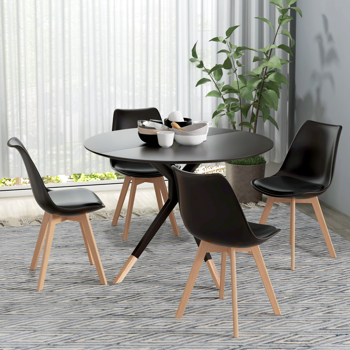 Modern Dining Table Chairs Set of 4, Rubber Wood Kitchen Table Chairs with PU Leather Cushion for Living Room, Bedroom