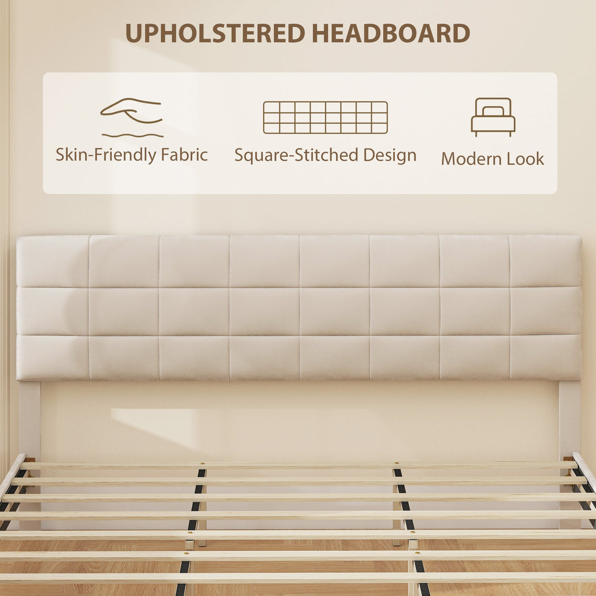 Queen Size Bed Frame with Upholstered Headboard, Modern Platform Bed Frame with Wood Slats, 1100 lbs Capacity, Cream