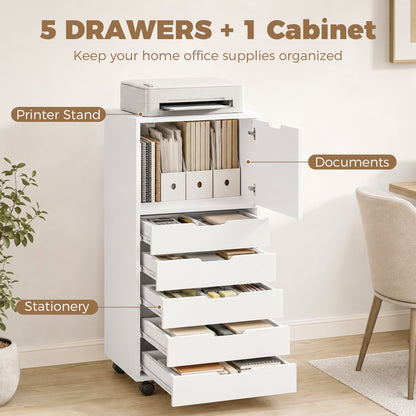 File Cabinet on Wheels Mobile Printer Stand with 5 Drawers for Home Office White